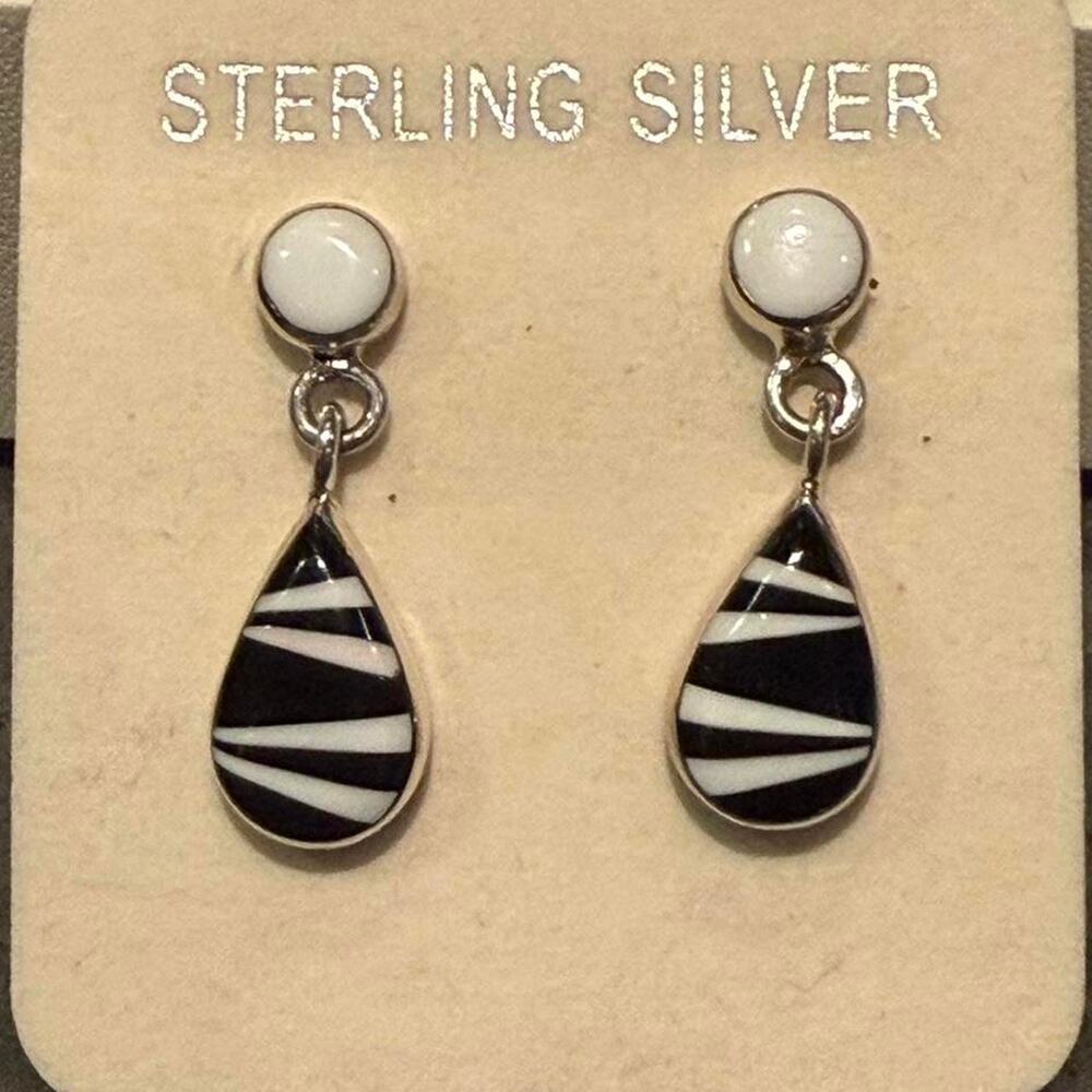 Sterling Silver Zebra Print Inlay Dangle Earrings - Black Onyx and Howlite